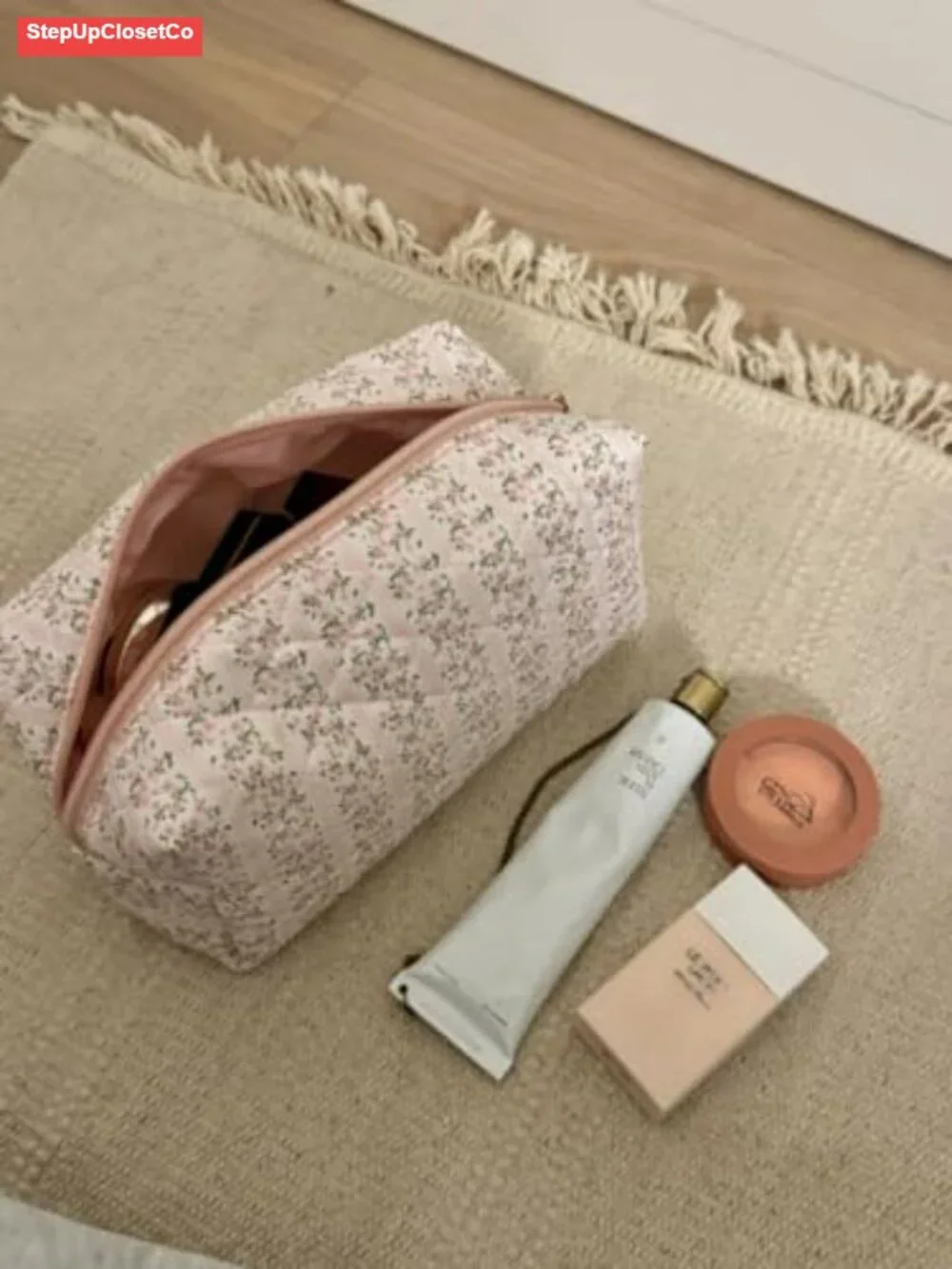Quilted Floral Cosmetic Bag Women Travel Toiletry Makeup Organizer Portable